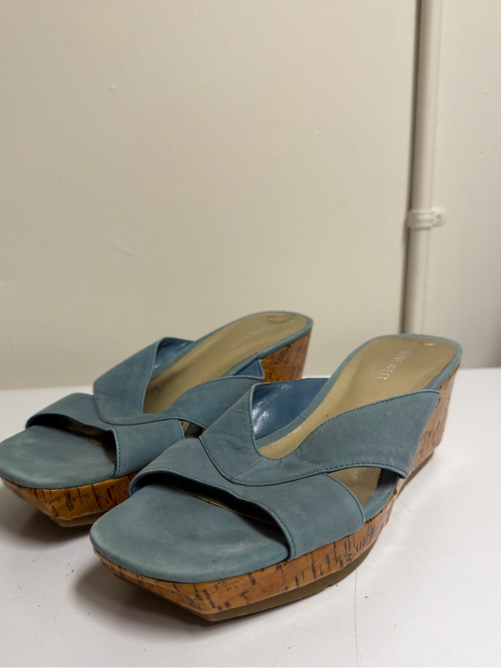 Nine West Dusty Blue Cork Wedge Slide Sandals